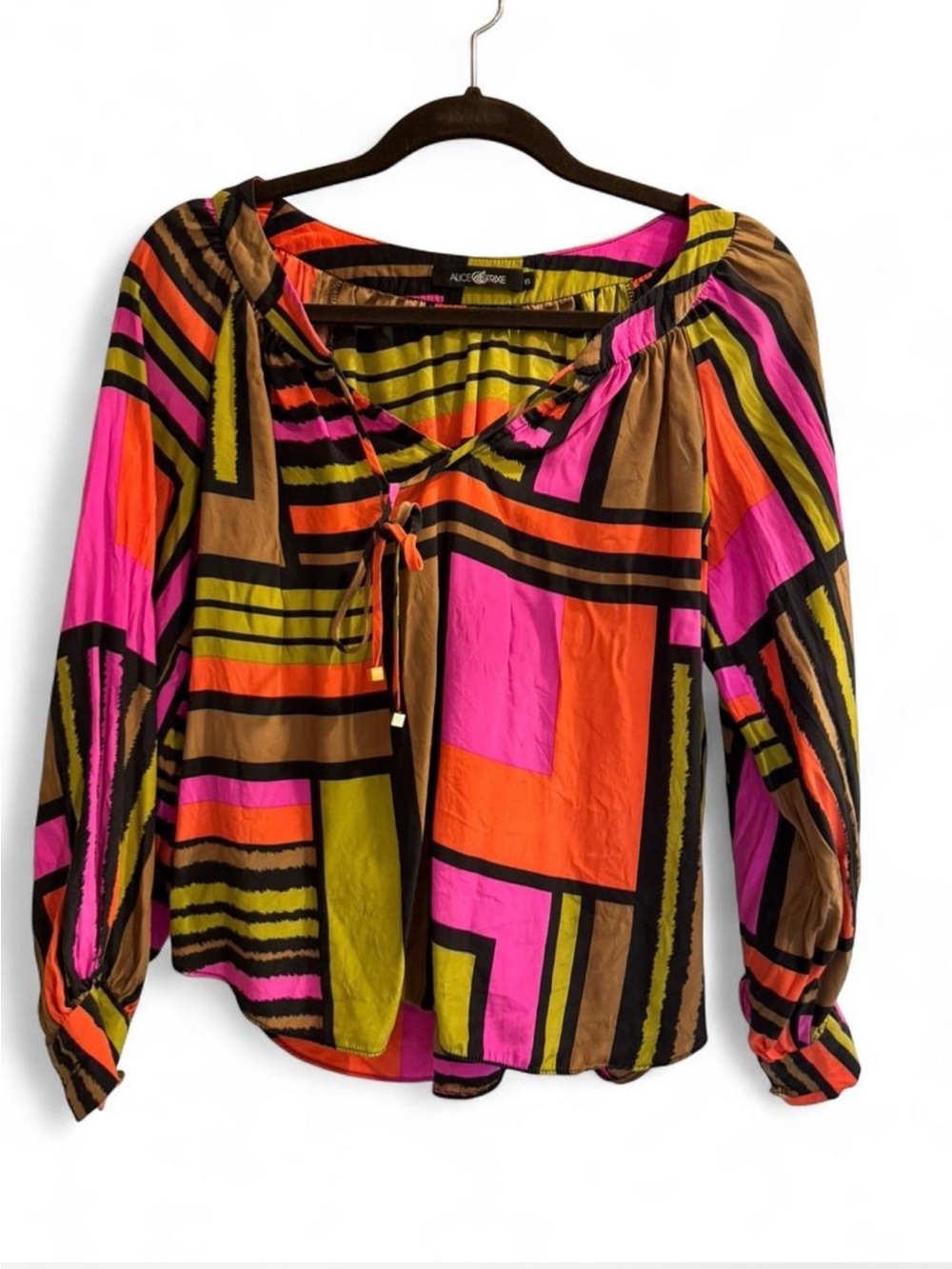 Alice & Trixie Boho Peasant Blouse Neon Colorblock Top Pink Orange Black